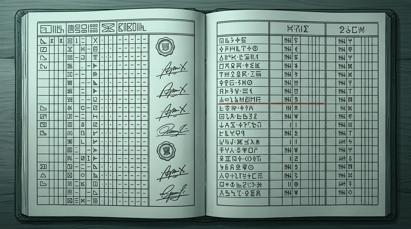 Bound codex open: signed index on the left, live columns on the right